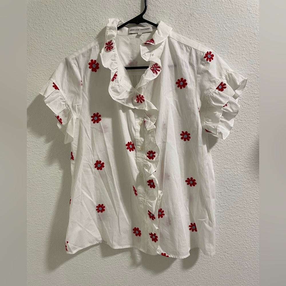 English Factory White Blouse with Red Floral Accents